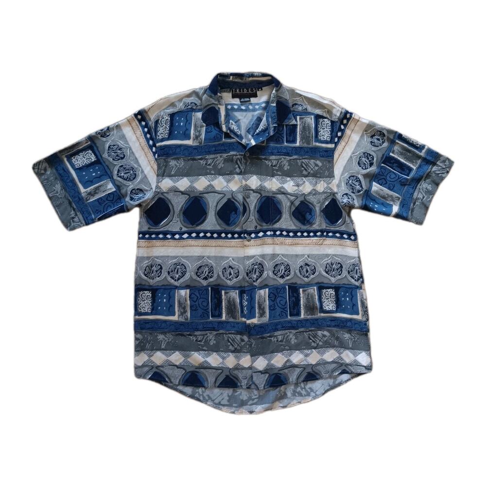 Vtg 90s Tribes Shirt Abstract Geometric Men M Relax Fit Button Up Casual Travel